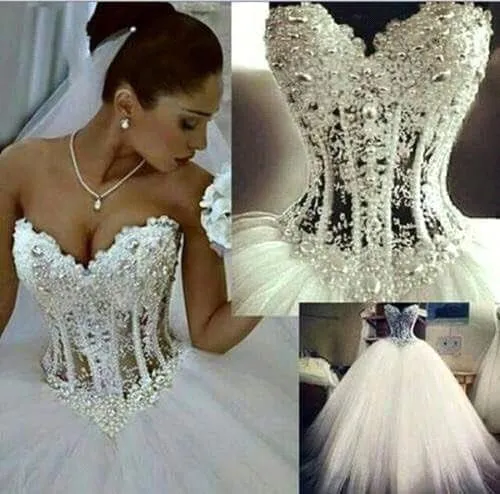 Sheer Ball Gown Bridal Dresses Sweetheart Pearls Beaded Wedding Dress Tiered Tulle Wedding Gowns Lace Applique Bridal Gown Vestidos de Novia