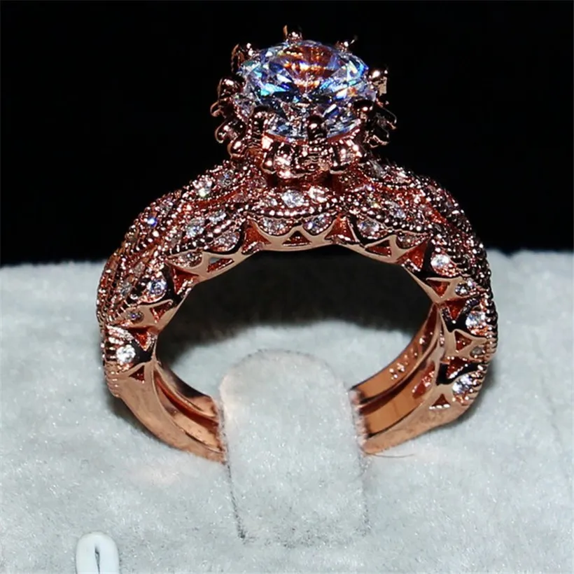 Mode s925 silverrose guld blomma ring lyx 3ct vit diamant ädelsten smycken engagemang bröllop par band ringar set size 5-11