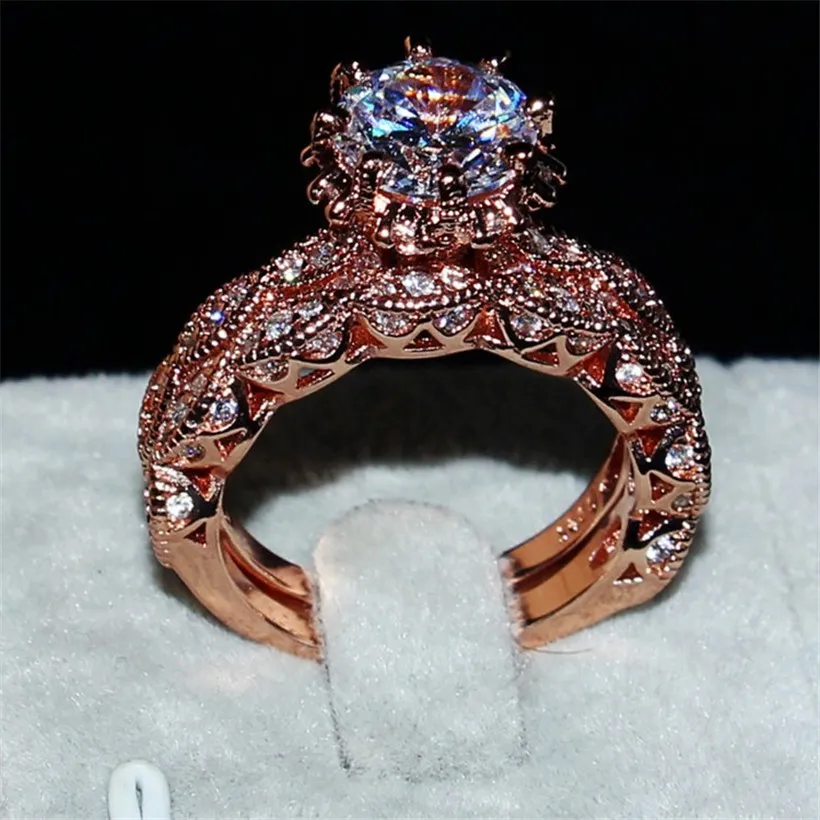 Мода S925 Silverrose Gold Цветочное кольцо Роскошные 3CT Белый Алмазный Драгоценный камень Ювелирные Изделия Свадьба Пара Гудовые Кольца Установите размер 5-11