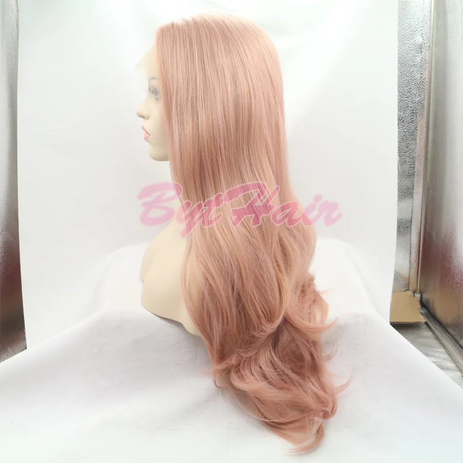 Bythair Hitzebeständige Faser, ohne Kleber, natürlicher Haaransatz, gewelltes Haar, vollständig Perücken für Frauen, gemischte rosafarbene synthetische Spitze-Front-Perücke