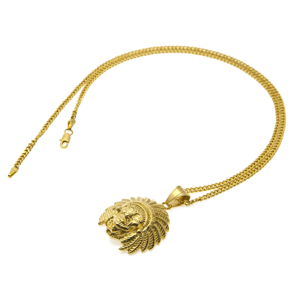 Hip Hop Indian Head Shaped Pendant Necklace Gold Plated Tutankhamun Charm Jewelry For Men Women With 24'' Cuban Chain