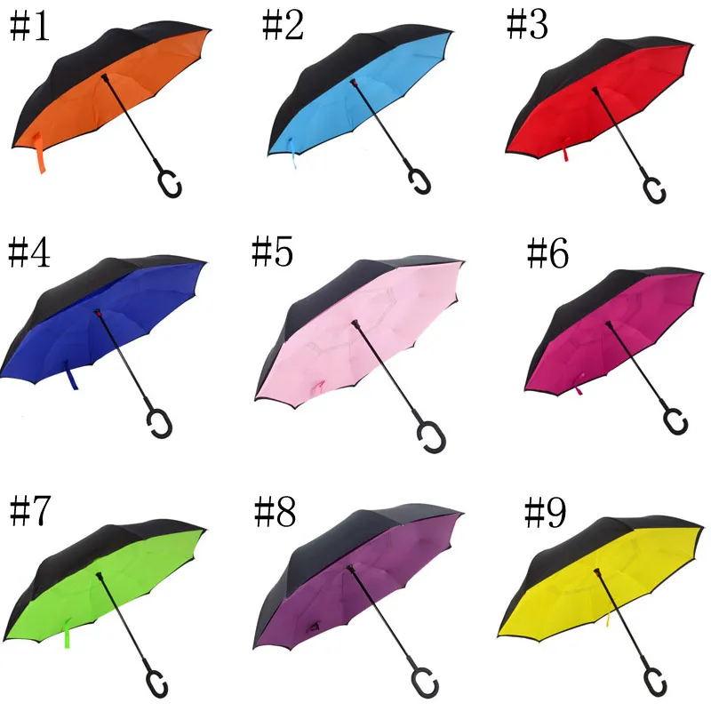 Creative Inverted Shade Umbrellas Double Layer With C Handle Inside Out Reverse Windproof Colorful Rainy Sunny Beach Umbrella