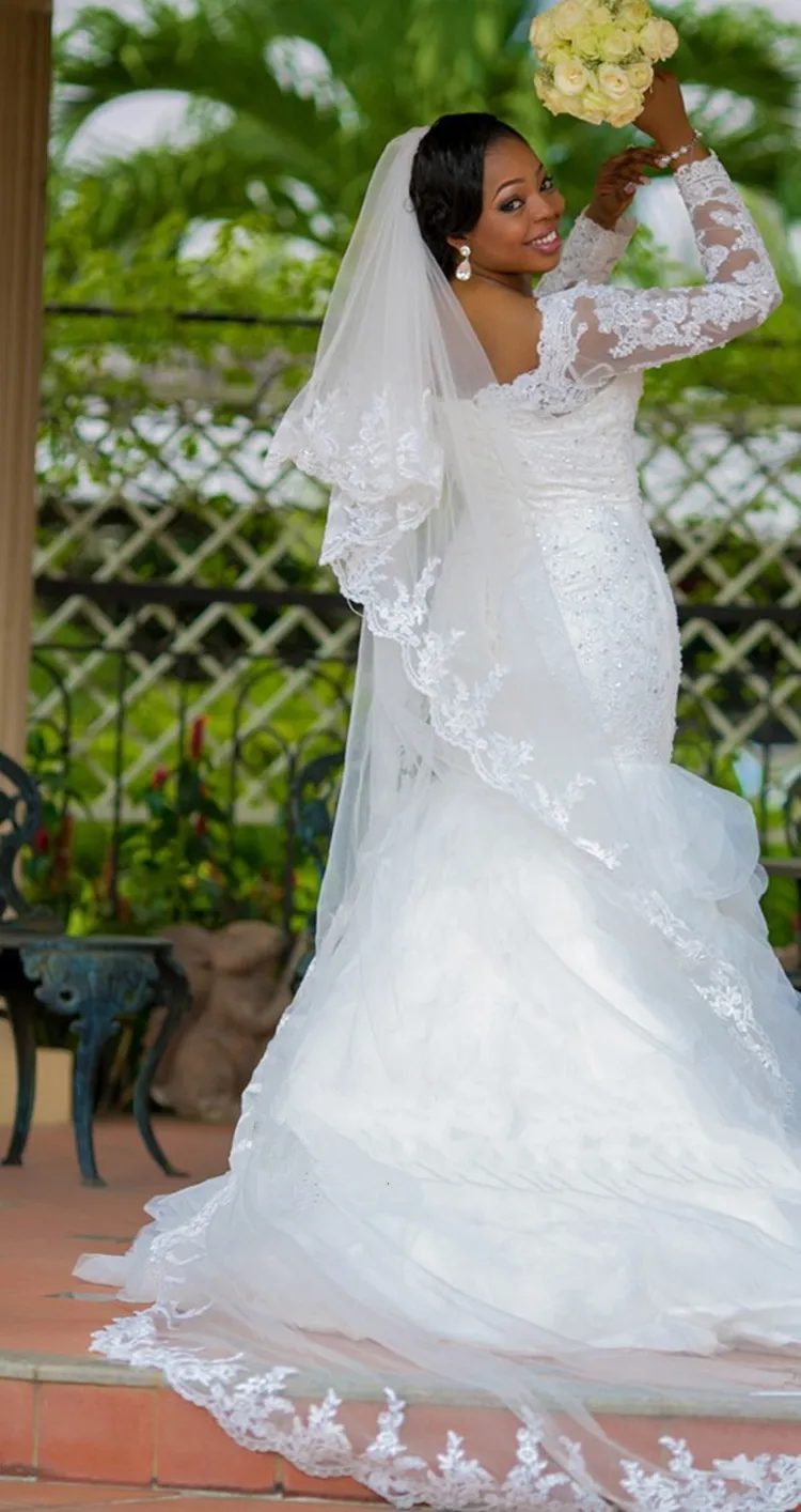 Plus storlek bröllopsklänningar sjöjungfru elegant pärlspets långärmad organza tiered kjol brudklänningar vestidos de novia