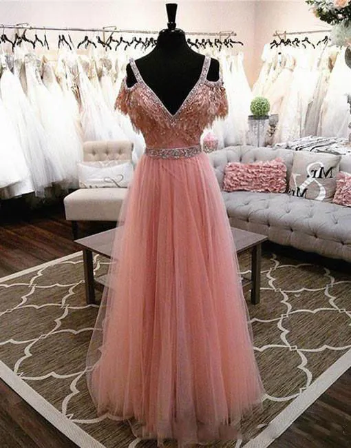 Shinning Zroszony V Neck Prom Dresses Pink Lace Off The Ramię Frezowanie Talii Linia Suknie Wieczorowe Tulle Długość Party Arabska Dress