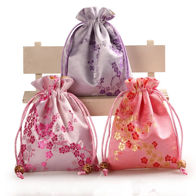 Cherry blossoms Small Silk Satin Bags Drawstring Jewelry Gift Packaging Pouch Candy Tea Makeup Tools Coin Storage Pocket with Lined