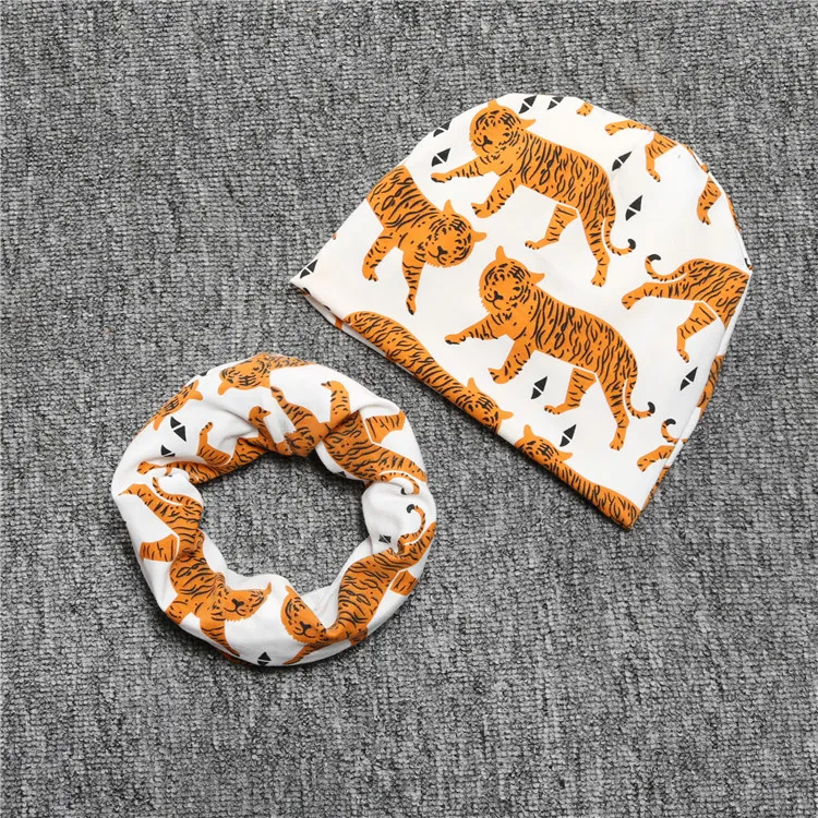 20 Styles INS Baby Printing hat+O Ring Neckerchief Set Fashion Baby Cotton Fox Crocodile Bear Tiger Printing Cap and Scarf A01