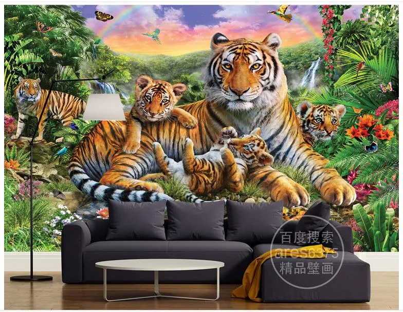 High End Benutzerdefinierte 3d Fototapete Wandbilder Tapeten Tropischer Regenwald Tier Tiger Pflanze Wald Wasserfall Schmetterling Wand Wohnkultur