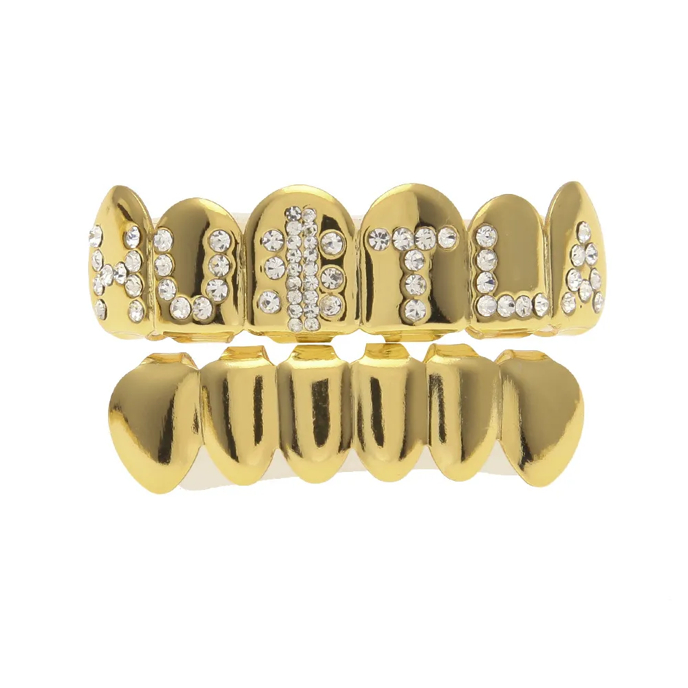 Trendy Party Rekwizyty Hip Hop Bling Biżuteria Bio Miedź Złote Zęby Grillz Czapki Top Dna z CZ Hustla Works Charm Grill Set Tooth Soke