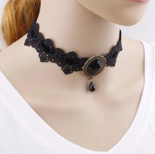 Fashion Jewelry Goth Lolita Lace Bohemian Crystal Collar Choker Short Crystal Pendant Necklace for Women Fashion Popular Halloween Gift