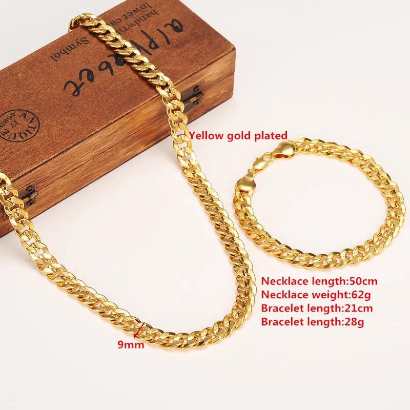 Classics Fashionable Real 24K Yellow Gold GF Mens Woman Necklace Bracelet Jewelry Sets Solid Curb Chain Abrasion resistant265V