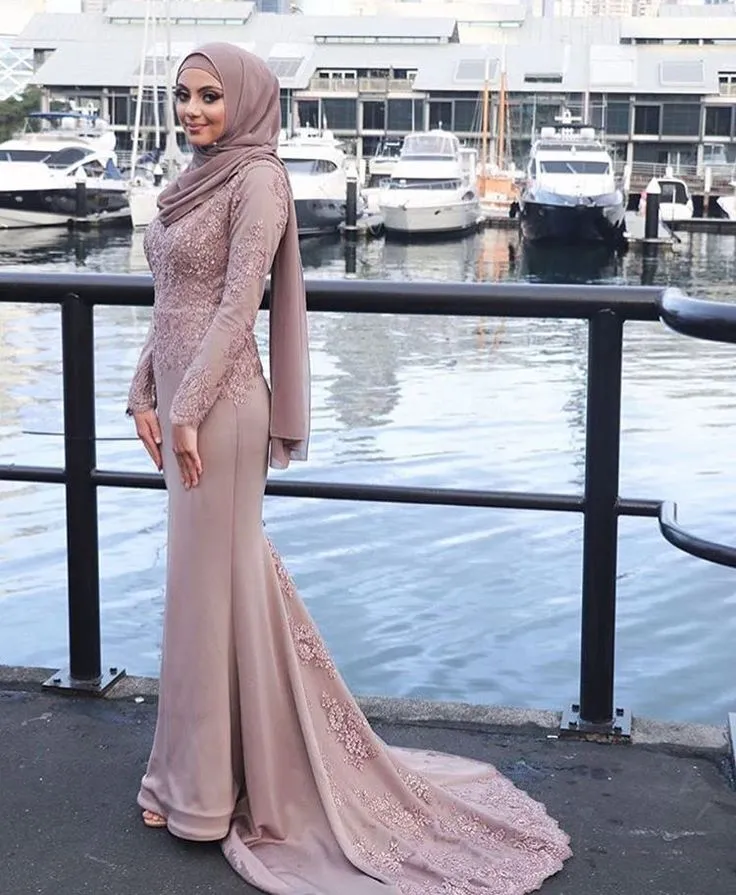 100% imagen real rosa polvoriento sirena musulmán vestidos de noche apliques de satén de manga larga vestidos de baile vestidos formales barrer tren