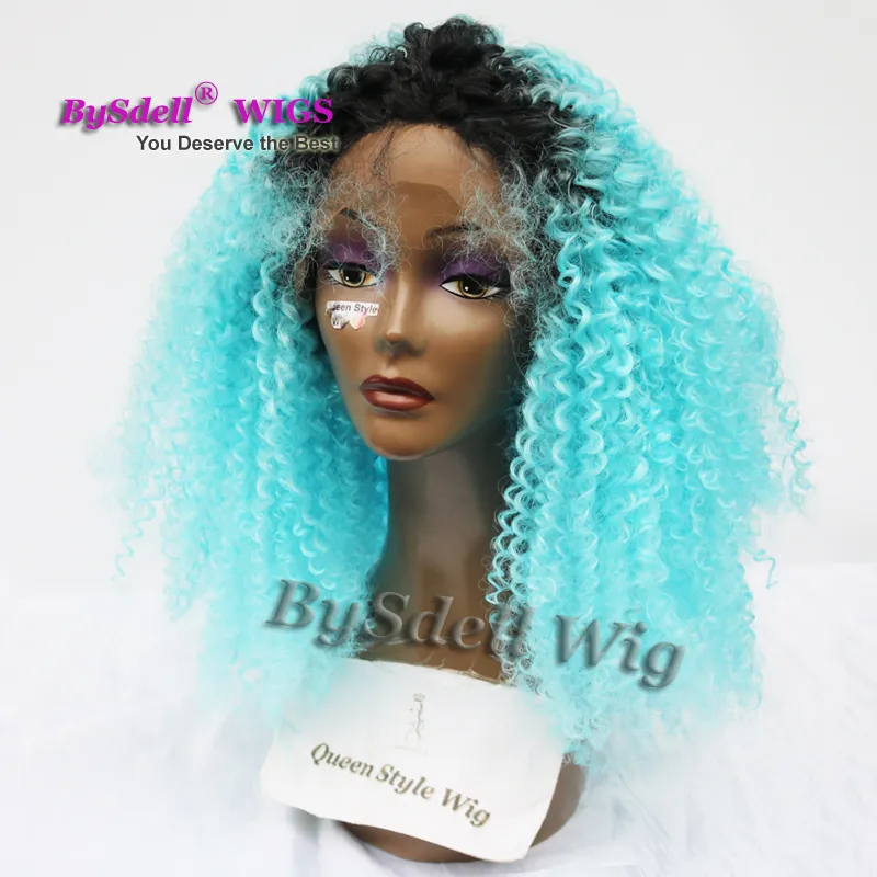 2018 Trendy Color Lake Blue Hair Perücke mit schwarzen Wurzeln synthetischer Afro Kinky Curly Hair Front Spitzenperücken für schwarze Frauen8765968