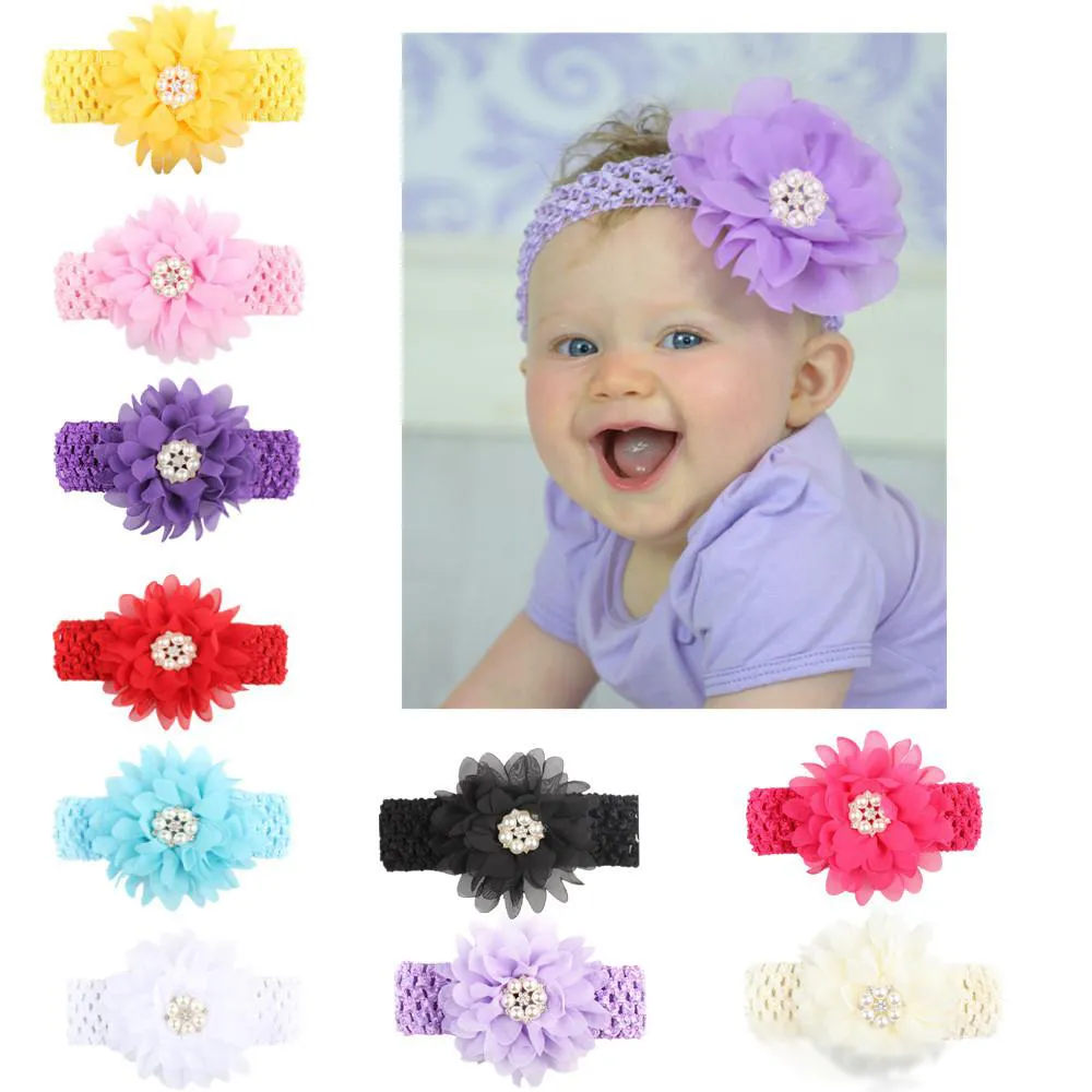 Baby Headbands Chiffon Flores Headband Para Meninas Criança Boutique Boutique Elastic Hair Bands Childrens Pearl Strass Acessórios De Cabelo