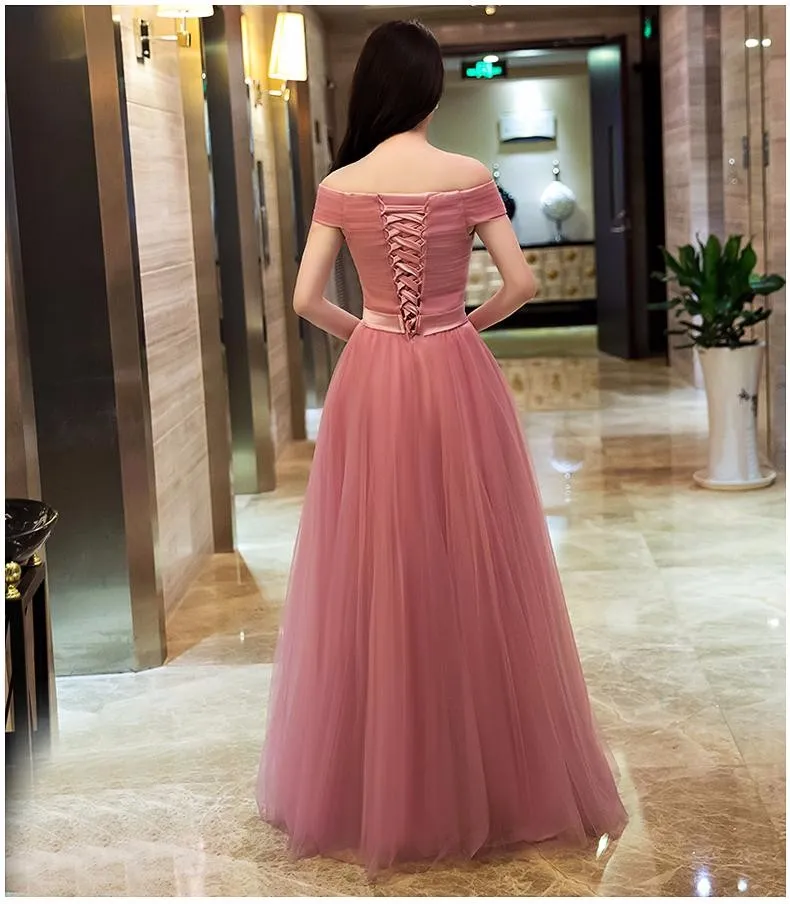 Staubiges Rosa, günstige Brautjungfernkleider, lang, schulterfrei, plissierter Tüll, auf Lager, Brautjungfernkleider unter 100, Hochzeit, Party, Dress292T