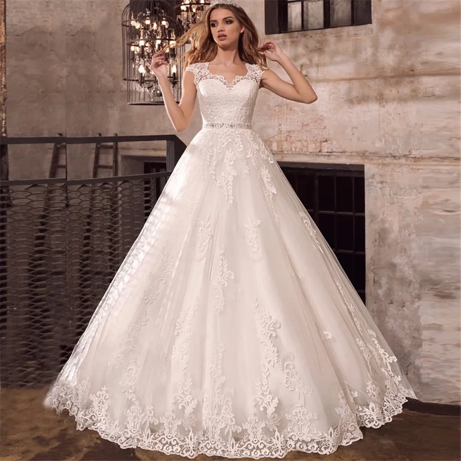 Cap Sleeves Beaded Sash Weddding Jurk Vestidos Kralen Sash Illusion Rug Bruidsjurken de Noiva Applique