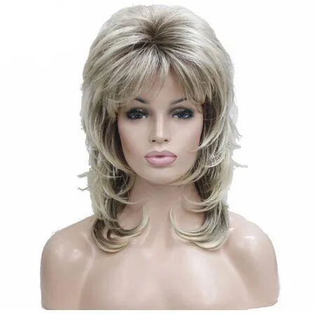 16 inch Lady Women Blonde With Dark Root Medium Length Cascaded Layers Synthetic Hair Full Wig