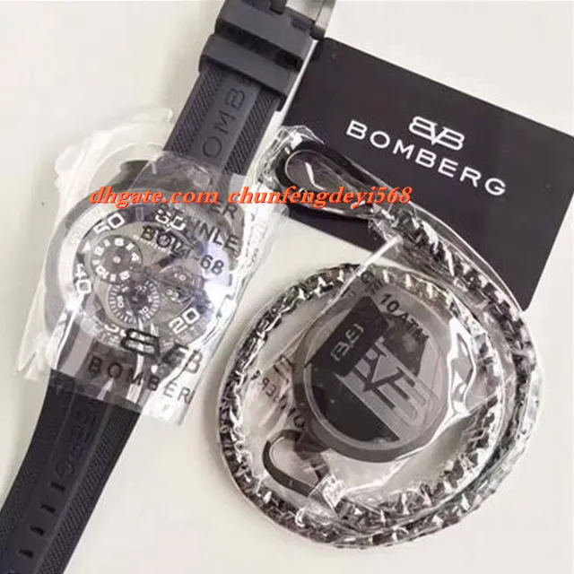 Fashion Luxury Watch Brand New Authentic Bomberg Bolt 68 Quartz Chrono Black Pvd Strap Rabode de caoutchouc 45 mm Mentes Match Top Quality230L
