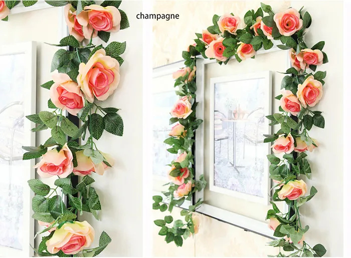 MOQ 225cm / 88inch option Simulation mariage artificiel rose fleur canne vigne pour mariage et la maison lit ou rail décoration d'hôtel