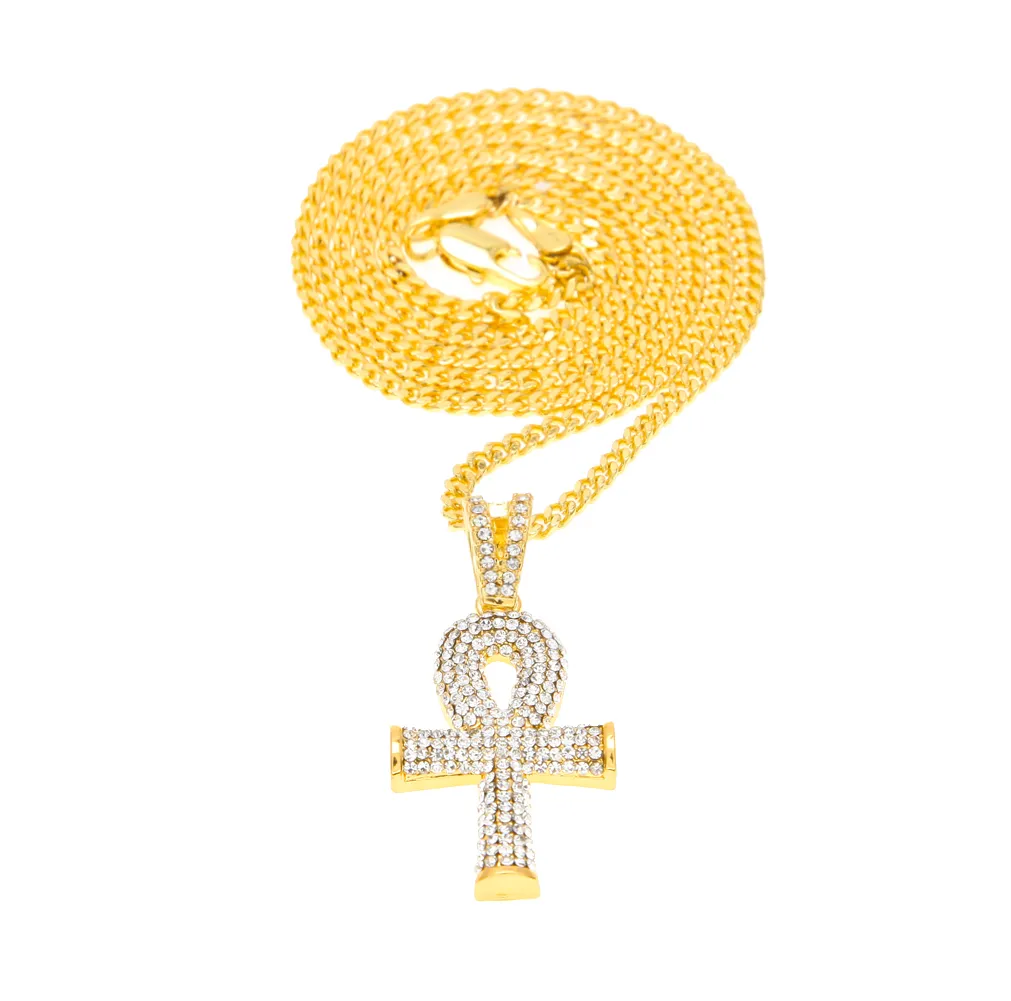 Hip Hop Gold Plated Cross Necklace Mens Full Iced Out Crystal Egyptian Ankh Key Pendant Necklace With 24'' Cuban Chain