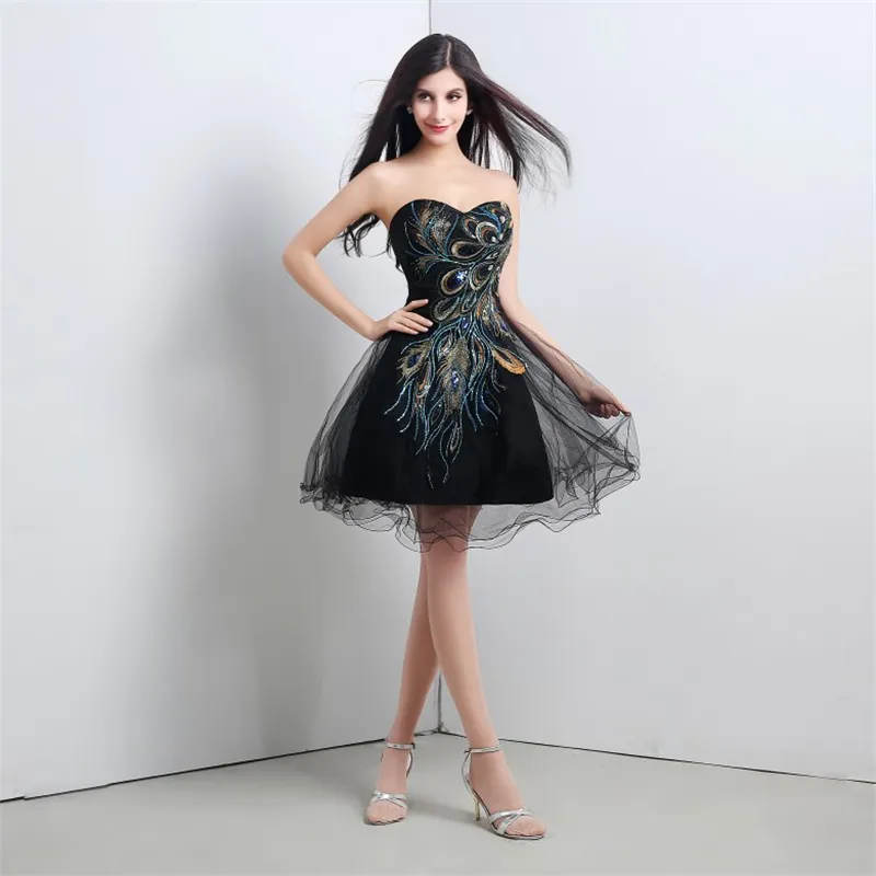 Новый Stock Short Black Organza Prom Dresses 2017 с возлюбленной аппликации из бисера зашнуровать формальные вечерние платья QC239