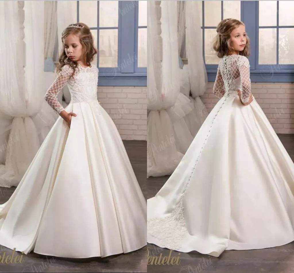 Elegant White Sheer Long Sleeves Girls Pageant Dresses Princess A Line Satin Lace Flower Girl Dresses For Weddings Party First Communion