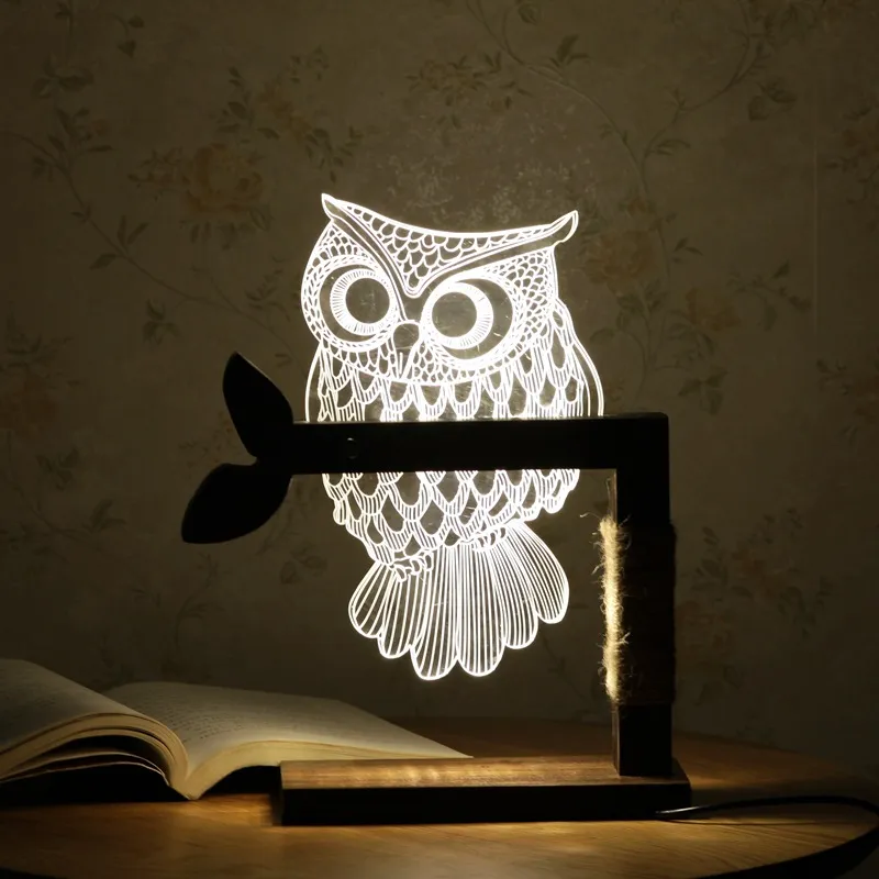 Home 3d Owl Shape Led mesa de mesa Lumineira de luz Night Light US Plug Indoor e ilumina￧￣o