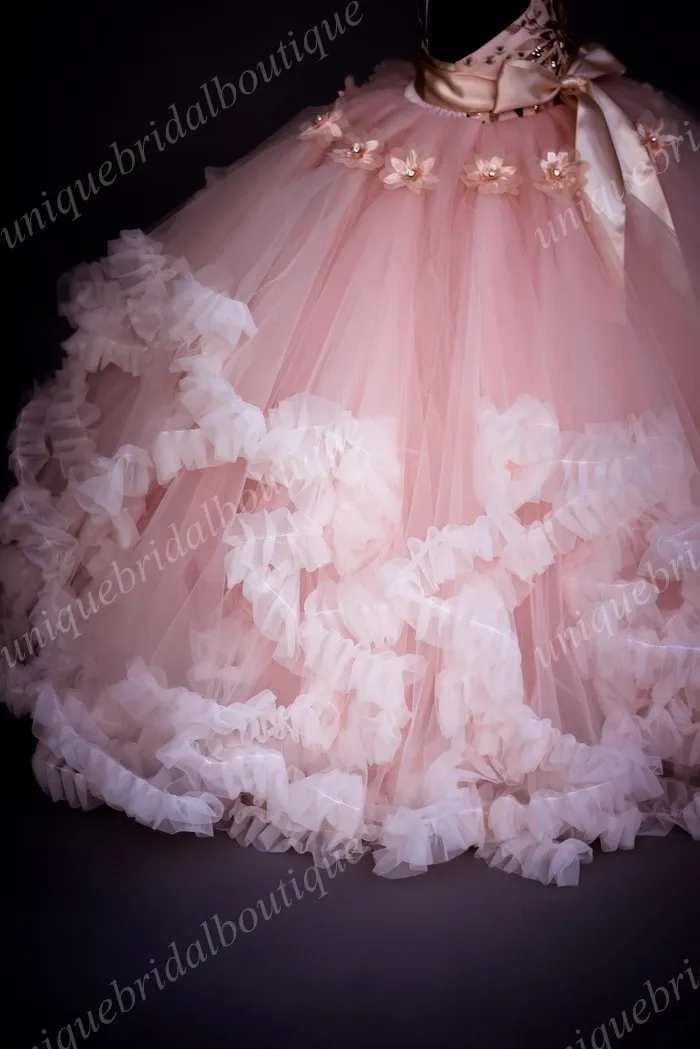 Graduation Dresses Kids Sequins Princess Flower Girl's Dresses with 3D Florals and Ruffles Skirt Real Photos Blush Girls Birthday Gowns