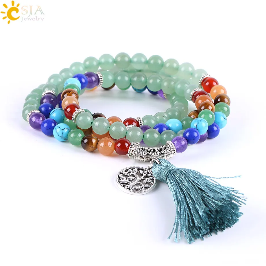 CSJA 108 Naturel Vert Aventurine Jade Perles À La Main Bijoux Long 7 Chakra Point De Guérison Équilibre Pierre Précieuse Perlé Mala Bracelet E242N