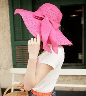 Mode livraison gratuite 12 couleurs femmes Bowknot large bord été plage chapeau de soleil dame vacances casquette de paille