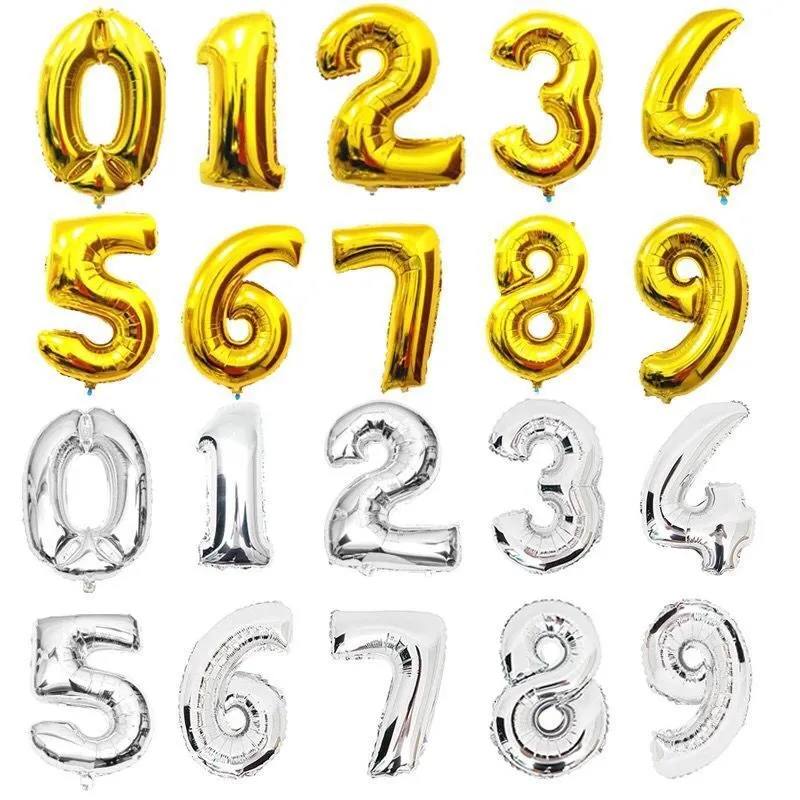 Duży 32-calowy numer Folia aluminiowa Balon Złoto Srebrny 0 do 9 Helu Balony na urodziny Kids Party Decoration Celebration Supplies WA4144