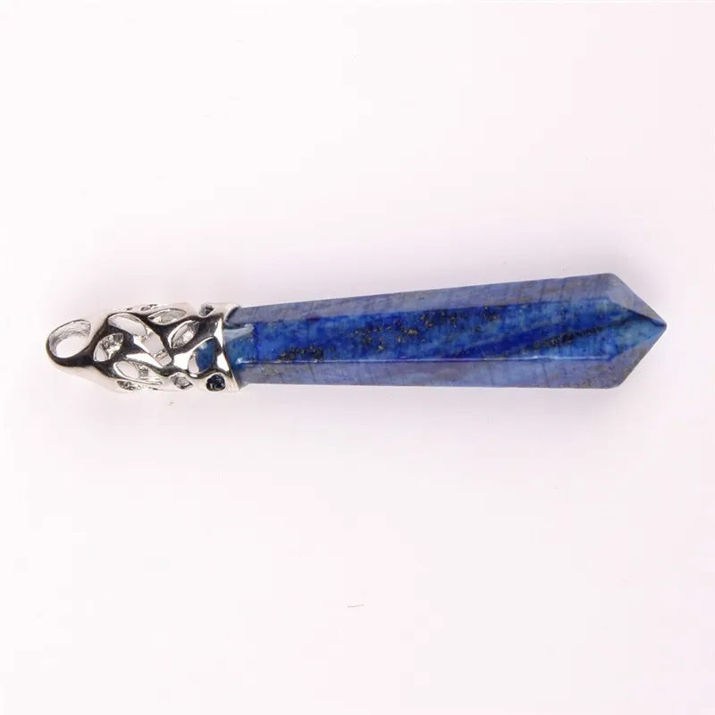 60*10mm Egyptian Blue Lapis Lazuli Nature Quartz Semi-precious Stone 6 Facet Cut Created Gemstones Silver Plated Cap Bail Pendant Necklace