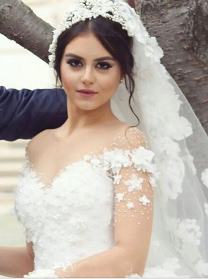 Elegant Muslim Wedding Dresses With Flower Lace Appliques 2017 Illusion ...