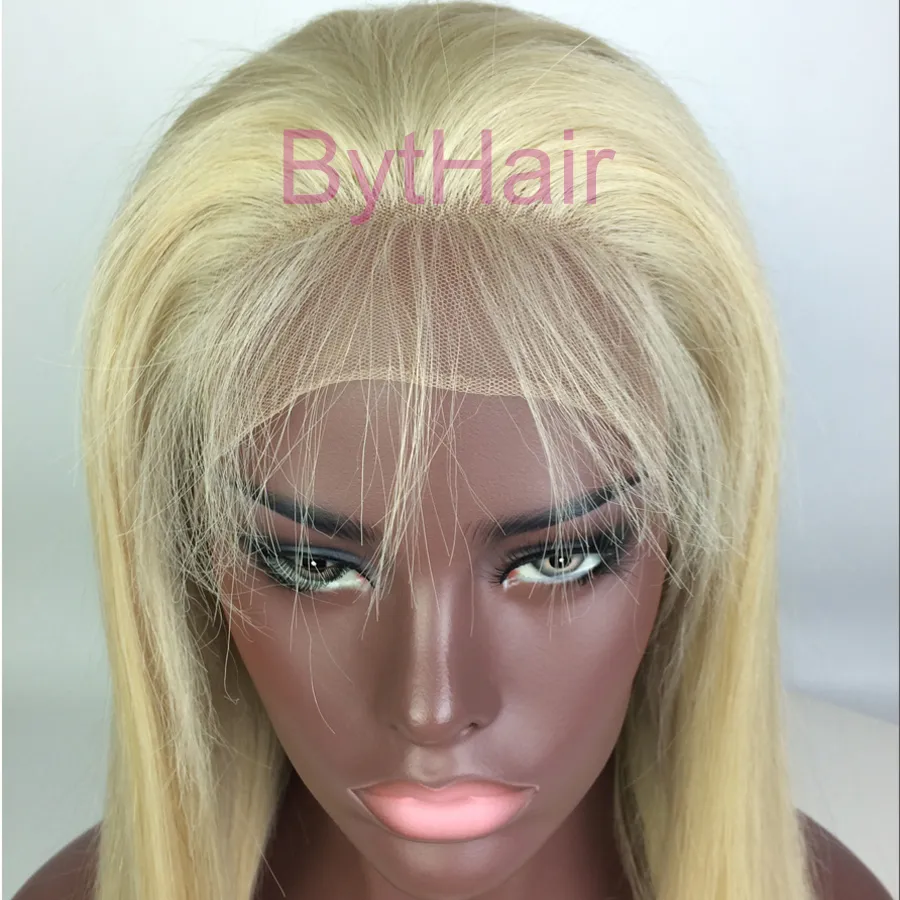 Bythair brazilian straight wigs #60 blonde virgin brazilian human hair full lace wigs 100 glueless full hand tied wig with baby hair
