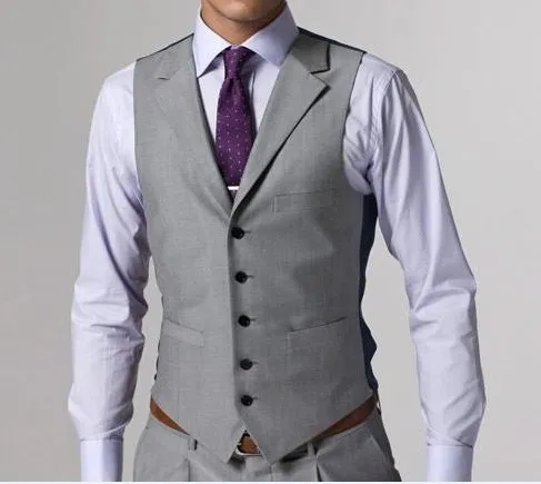 High Quality Light Grey Side Vent Groom Tuxedos Notch Lapel Groomsmen Best Man Mens Wedding Suits Bridegroom Jacket+Pants+Vest+Tie D:62