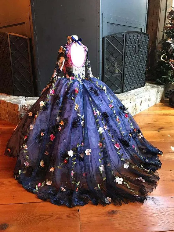 Colorful Handmade Flower Appliques Girls Pageant Gowns 2017 High Neck Long Sleeves Navy Blue Ball Gown Flower Girl Dresses For Wedding