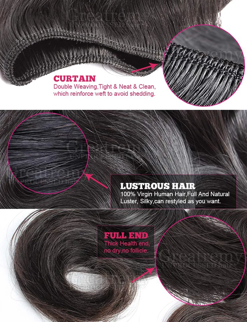 İşlenmemiş Malezya İnsan Saç Paketleri Kapanış Vücut Dalgası Virgin Hair Swefts Dantel Kapatma 4x4 Full Head Greatremy