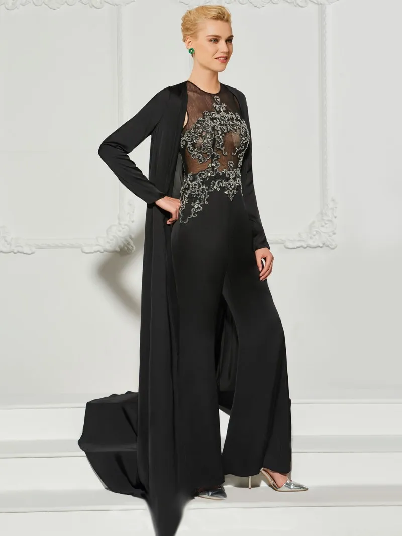 Combinaison noire robe de soirée avec veste deux pièces appliques perles illusion robe de bal sexy mère de la mariée robes robes de soirée