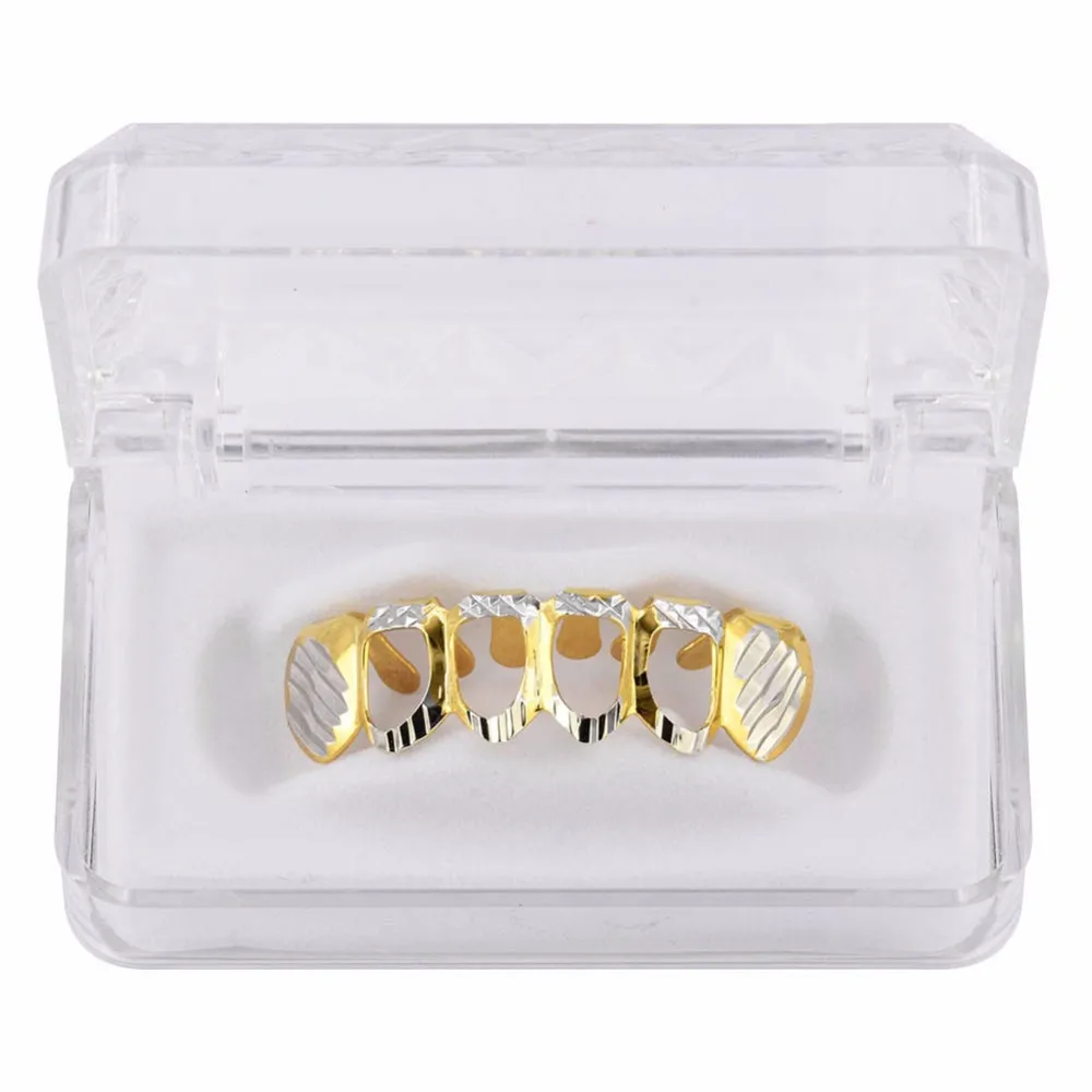 New Gold Silver Hollow Open Dlampnd geschnitten 6 Zahnoberteil Grill Zähnekappen Zahn HipHop Grillz Set Party Schmuck 7137475