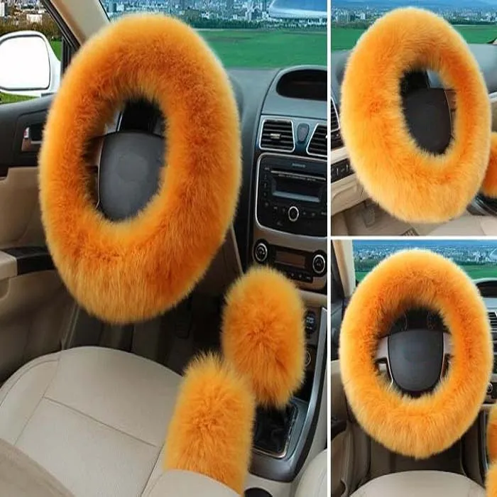 38cm Universal 3in One Car Steering Wheel Cover+handbrake grips+gear shift collars antislip fashion long wool fur leather