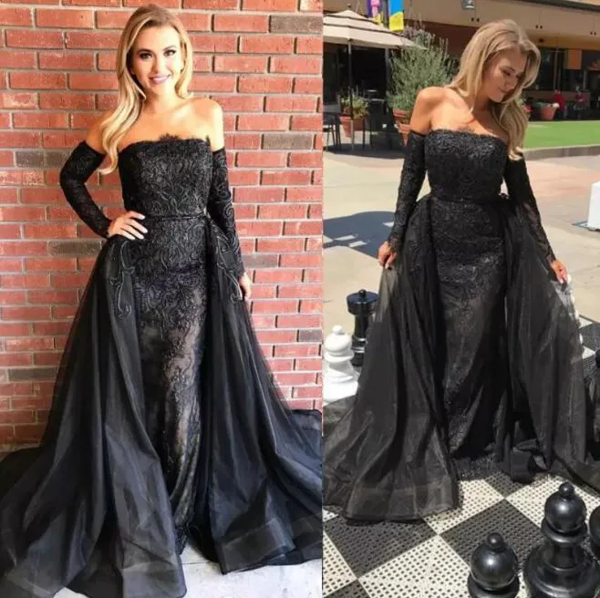 Vestidos De Casamento Da Sereia Do Laço preto Do Vintage Com Organza Saia Destacável 2017 Gothic Strapless Manga Comprida Bordado vestido de Noiva EN8076