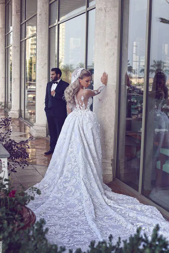 Luxury 2017 Latest Overskirt Wedding Dresses With Detachable Skirt Modest Sheer Neckline Long Sleeve Cathedral Train Bridal Gowns EN11295