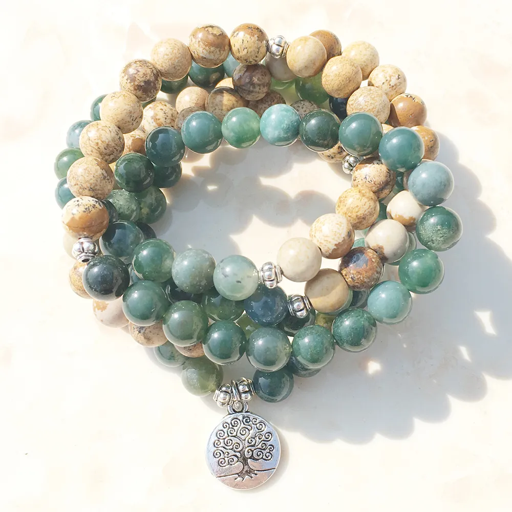 SN1005 Moss Agate Picture Jasper 108 Mala Beads Yoga Collana Albero della vita Mala Wrap Bracciale Tutto sulla natura e gioielli per la meditazione