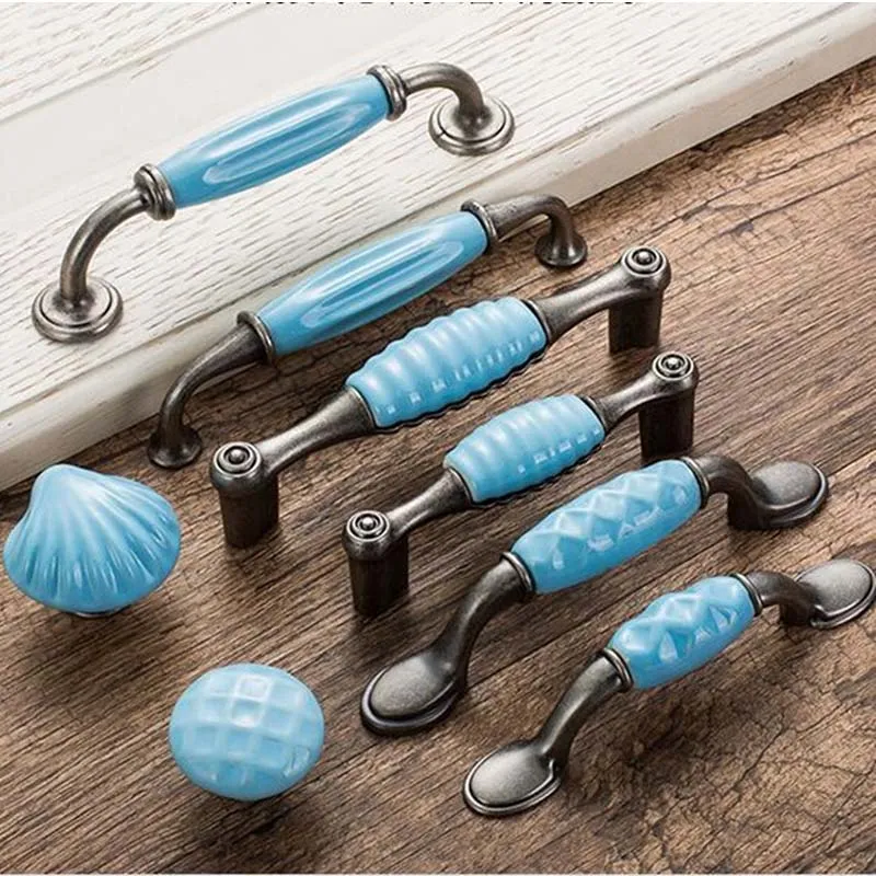 5" blue Mediterranean style furniture handles antique silver dresser kitchen cabinet handle shell ceramic drawer knob pulls