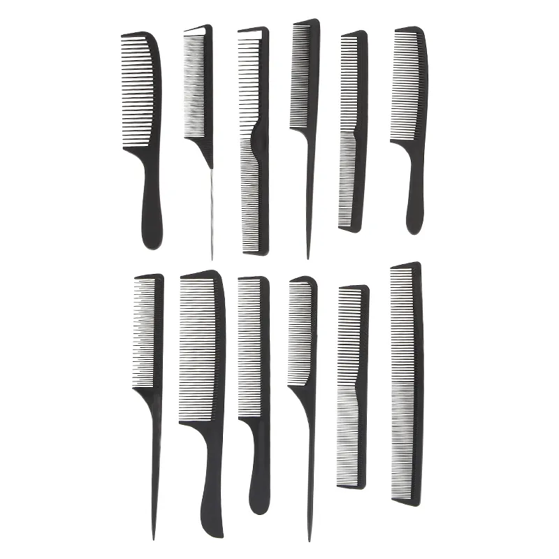 Groothandel 12 Stijl Kappers Zwart Haar Snijkam Carbon Haarstaart Kammen Verschillende Design Pro Salon Barber Styling Tools