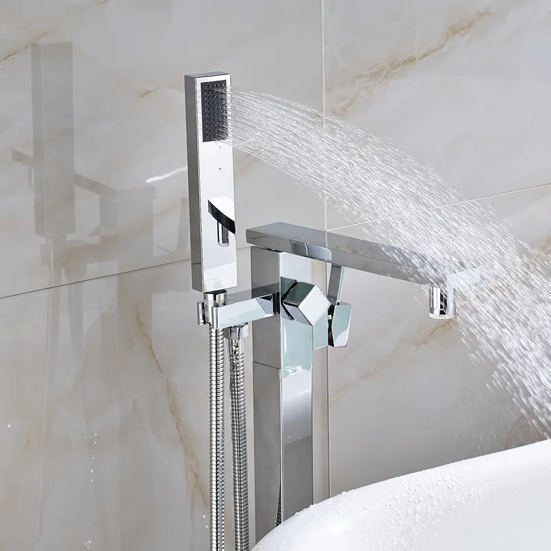 Nouveau Chrome moderne avec bec de cascade de couleur LED, robinet de baignoire de salle de bains, remplissage de baignoire carré debout avec pulvérisateur à main au sol Mou306r