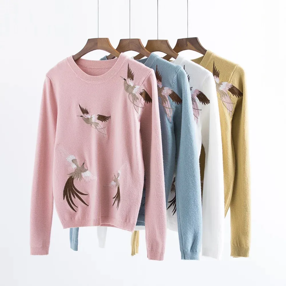 2017 autumn and winter women leisure crane embroidery knitted sweater