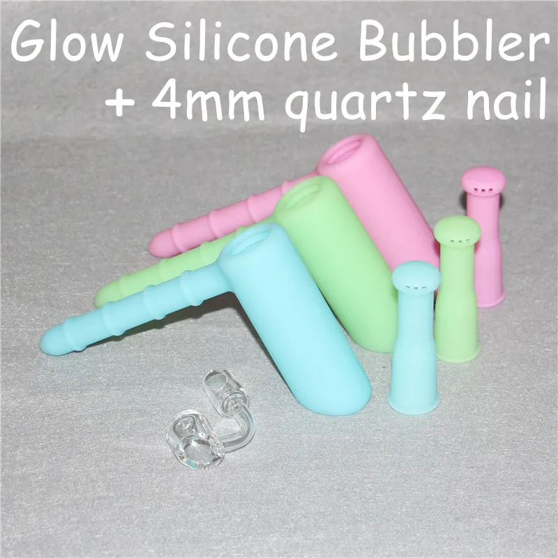 Glöd i mörk silikon hammare bubblers med klar 4mm 18.8mm Man Quartz Nails Silicone Showerhead Bong Silikon Bubblers Rökning Rör