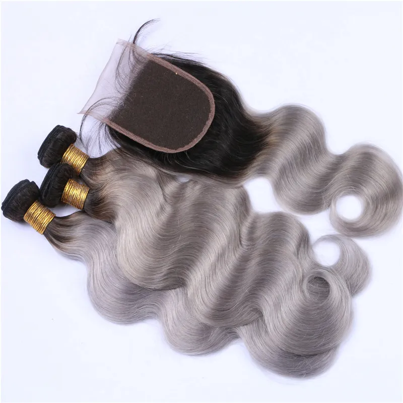 Two Tone 1BGrey Ombre 4x4 Lace Closure With 3Bundles Body Wave Black and Silver Grey Ombre Peruvian Human Hair Weaves With Closur5522857