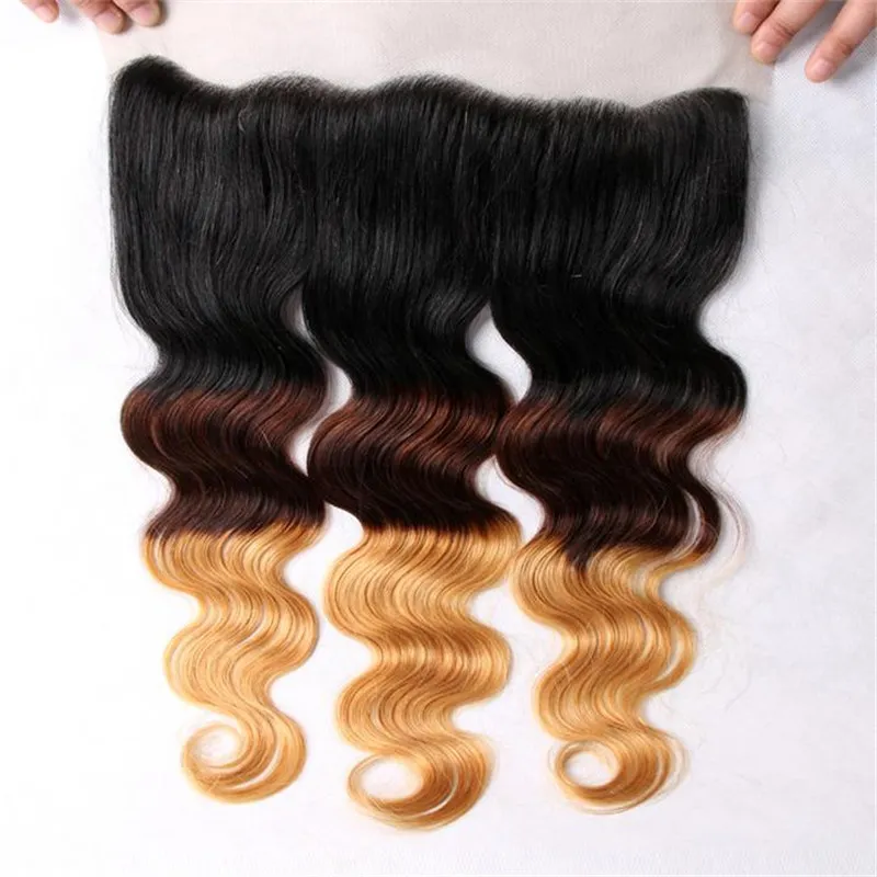 Body Wave 1b 4 27 Honey Blonde Human Hair Bundles With Lace Frontal Closure Dark Roots Hair Wefts With Lace Frontal 13*4