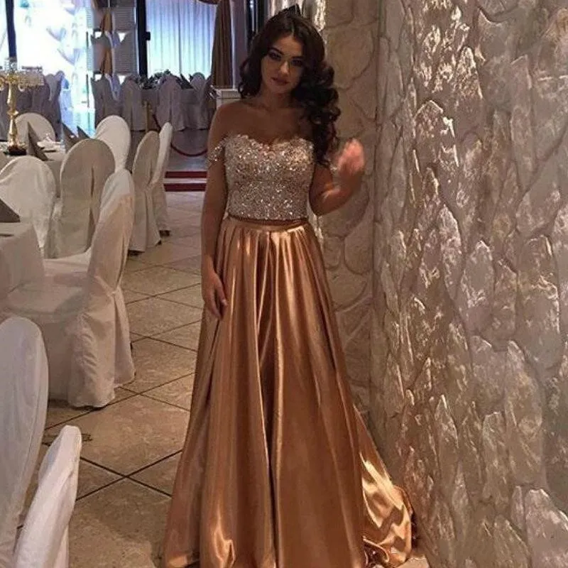 Beaded Crystal Prom Dresses 2018 Shining Evening Dress Arabic Dubai A Line Party Gowns Plus Size Off Shoulder Satin Custom Made